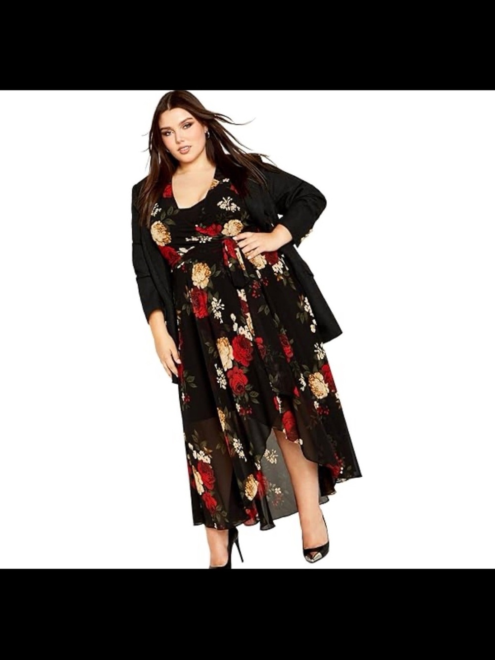 City Chic Black Floral High-Low Wrap Dress with Red and Cream Blooms